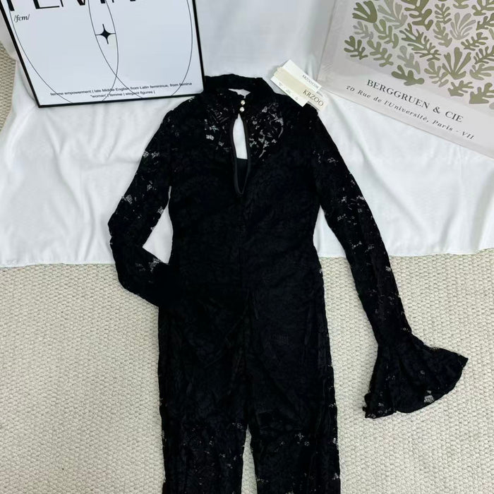 Lace Jumpsuit With Slit Flared Sleeves