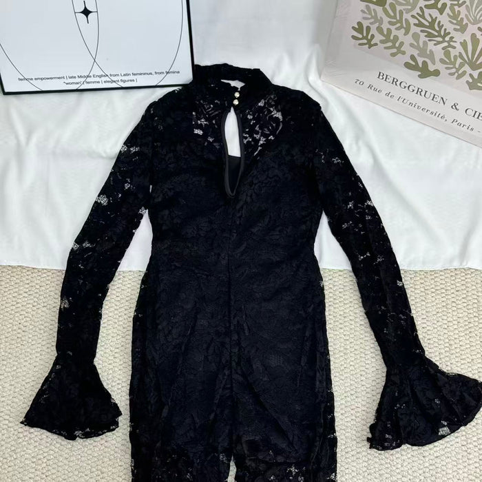 Lace Jumpsuit With Slit Flared Sleeves