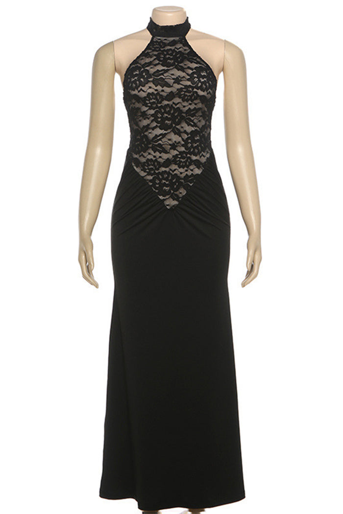 Lace Patchwork Halter Collar Backless Bodycon Party Maxi Dresses-Black