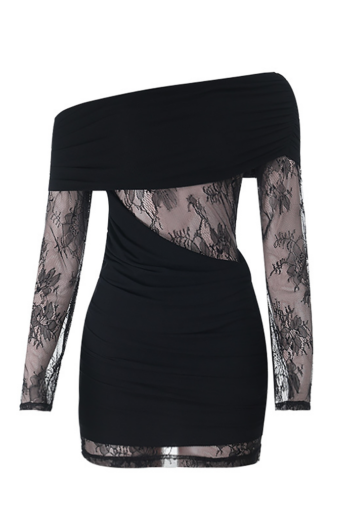 Lace Patchwork Long Sleeve Off Shoulder Ruched Fitted Mini Dresses-Black