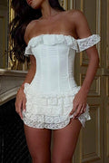 Lace Patchwork Off Shoulder Corset Ruffled Mini Dresses White