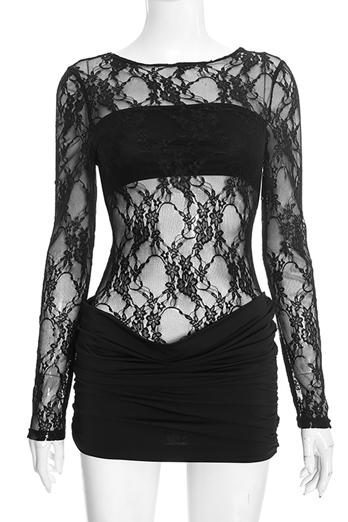 Lace Patchwork Round Neck Long Sleeve Ruched Bodycon Mini Dresses-Black