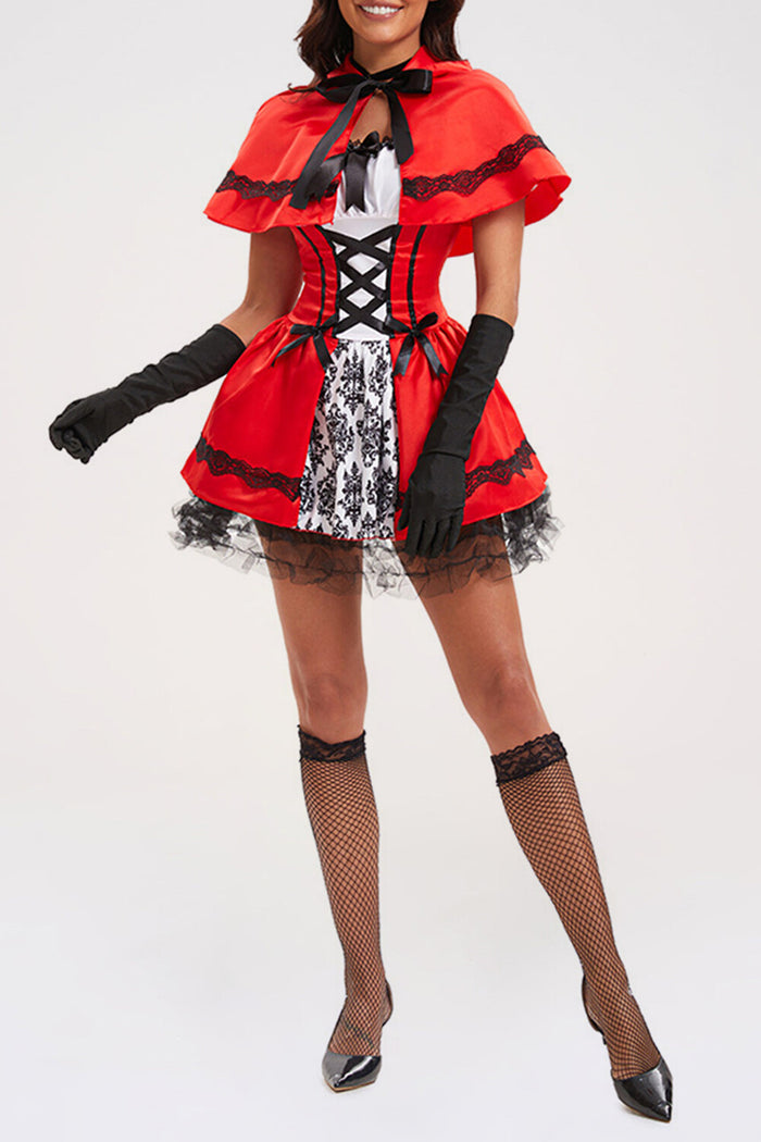 Lace Up Cinch Waist Colorblock Mini Dresses Hooded Shawl Halloween Set-Red