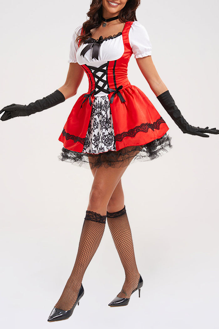 Lace Up Cinch Waist Colorblock Mini Dresses Hooded Shawl Halloween Set-Red