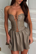Lace Up Strapless Flounced PU Leather Party Mini Dresses-Taupe Pre Order