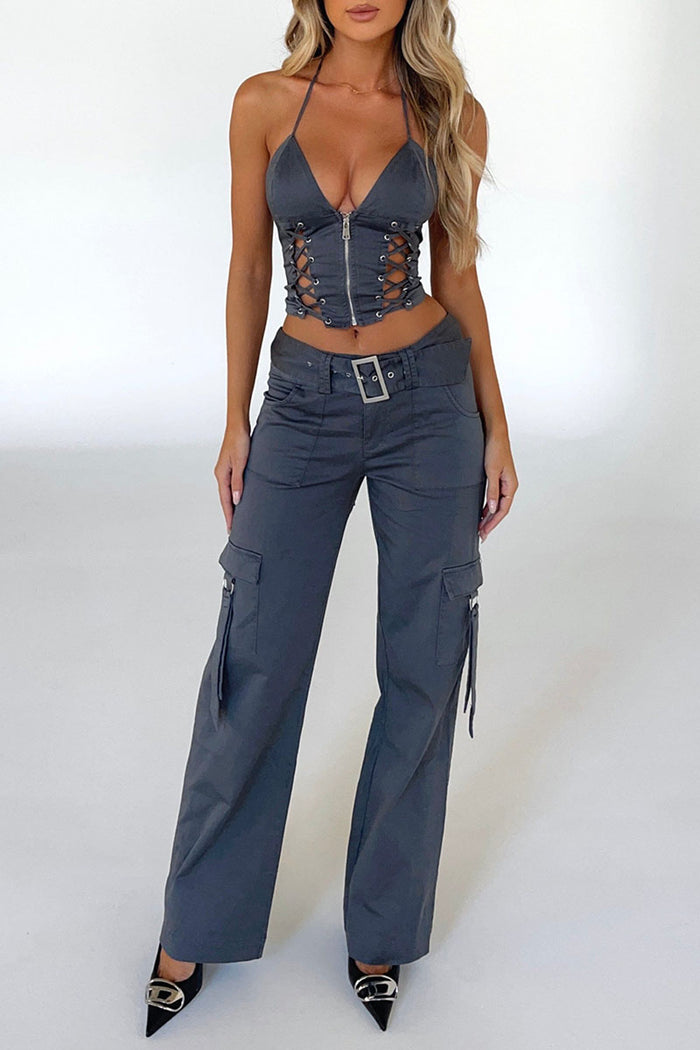 Lace Up Zip Halter Backless Crop Top Pocket Straight Leg Pants Matching Set-Grey