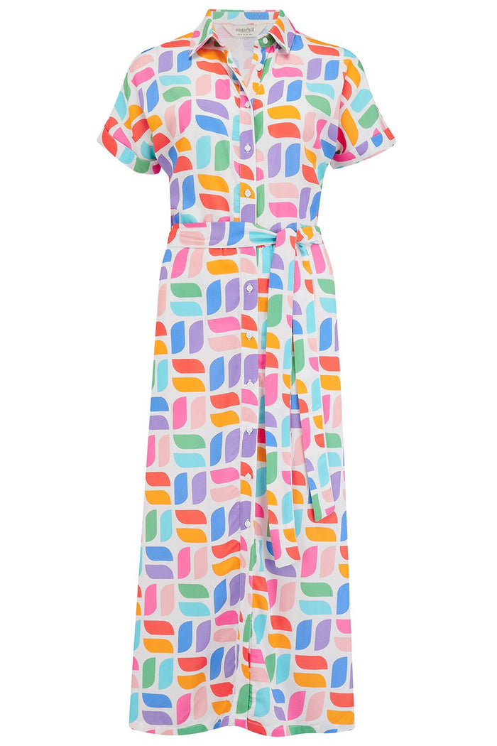 Leigh Midi Shirt Dress (Off-White, Curved Geometric)