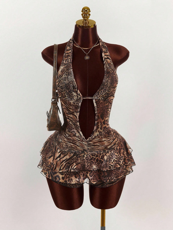 Leopard Print Fitted Halter Neck Dress