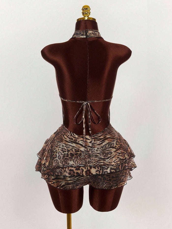 Leopard Print Fitted Halter Neck Dress
