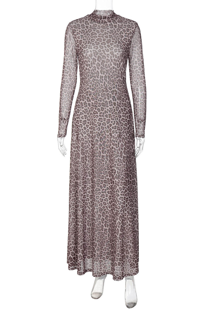 Leopard Print Long Sleeve Mock Neck Slim Fit Maxi Dresses-Brown