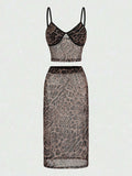 Leopard Print Patchwork Tube Top Sequin Midi Skirt 2pcs Set-Brown Pre Order