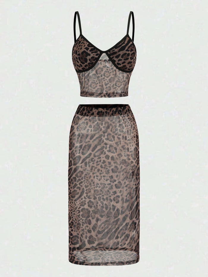 Leopard Print Patchwork Tube Top Sequin Midi Skirt 2pcs Set-Brown Pre Order