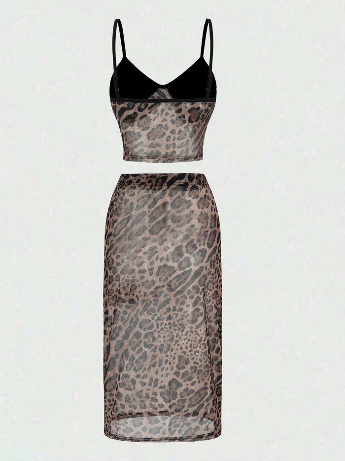 Leopard Print Patchwork Tube Top Sequin Midi Skirt 2pcs Set-Brown Pre Order