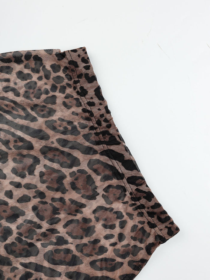 Leopard Print Patchwork Tube Top Sequin Midi Skirt 2pcs Set-Brown Pre Order
