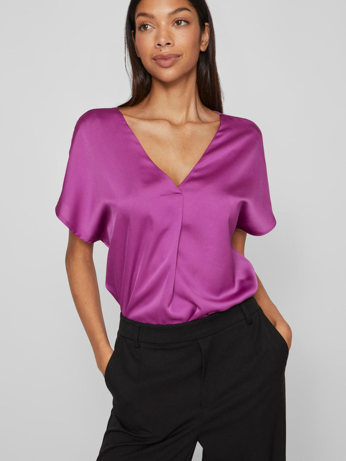 LETTE V-NECK SATIN TOP (CATTLEYA ORCHID)