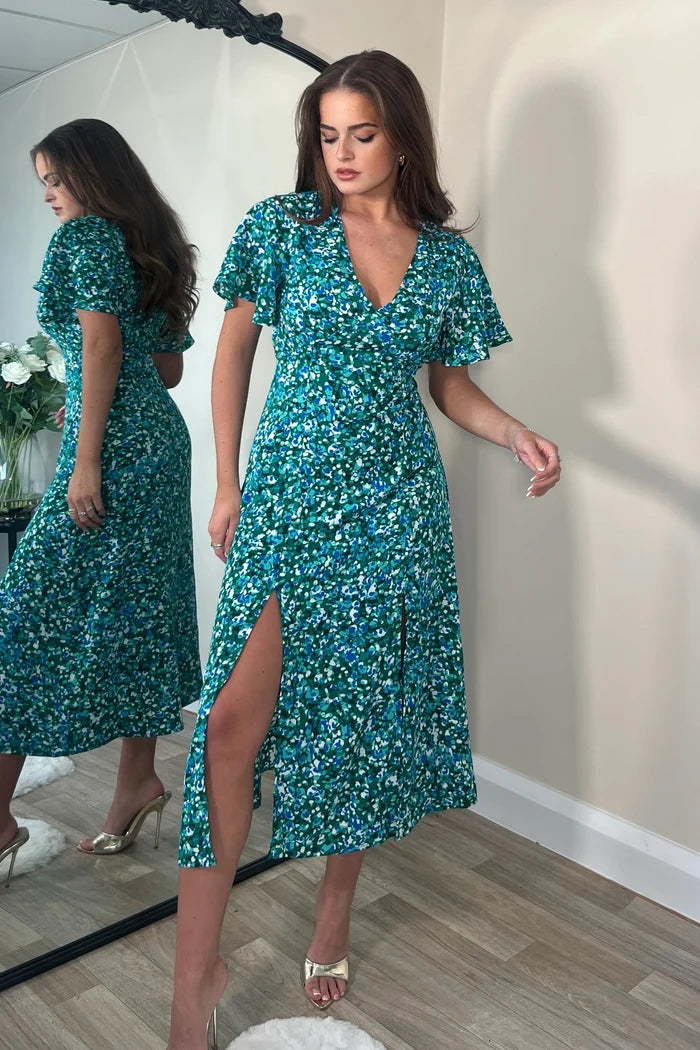 LEVI ANGEL SLEEVE SPLIT LEG MIDI DRESS (GREEN)
