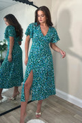LEVI ANGEL SLEEVE SPLIT LEG MIDI DRESS (GREEN)