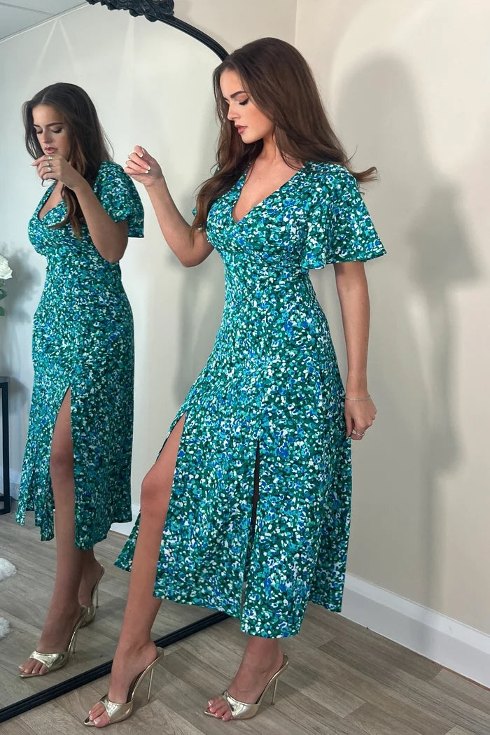 LEVI ANGEL SLEEVE SPLIT LEG MIDI DRESS (GREEN)