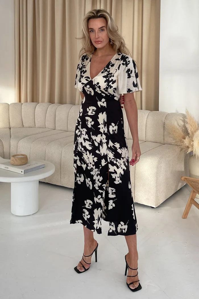 LEVI ANGEL SLEEVE SPLIT LEG MIDI DRESS (MONOCHROME)