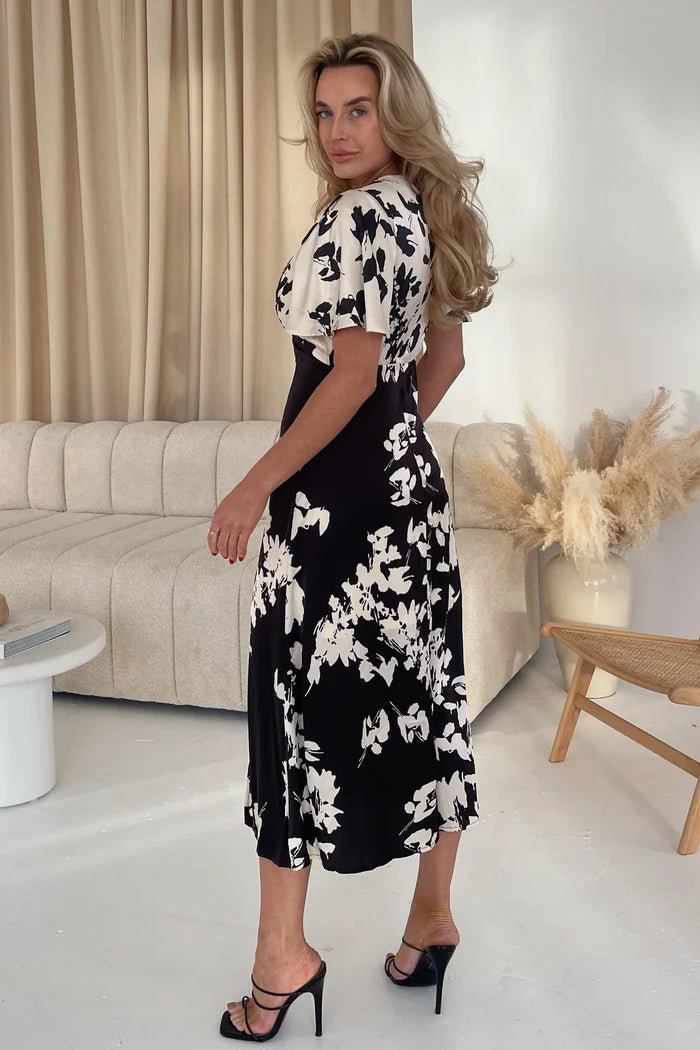 LEVI ANGEL SLEEVE SPLIT LEG MIDI DRESS (MONOCHROME)