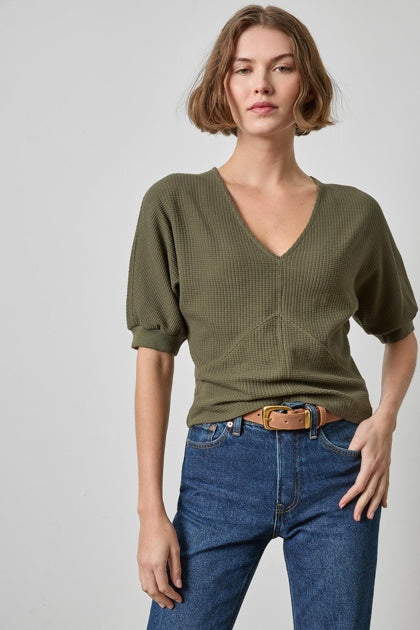 Lilla P Seamed V-Neck Top in Olive