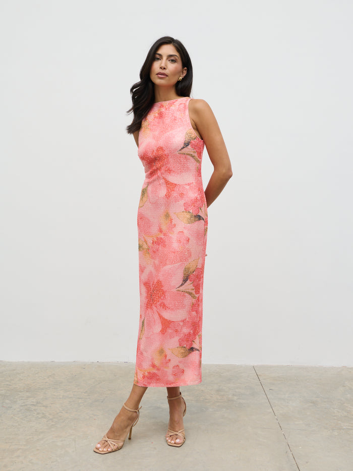 Lilou Printed Sequin Midaxi Dress (Orange Floral)