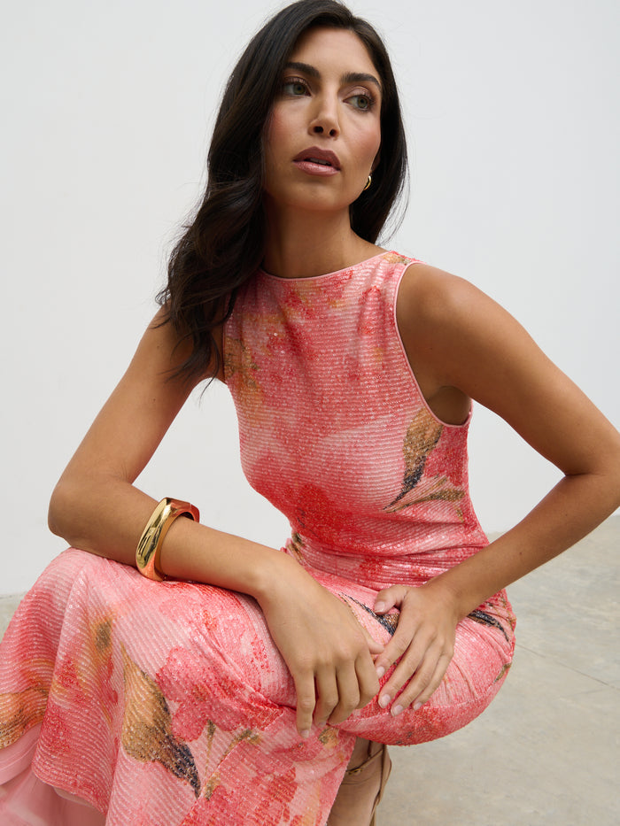 Lilou Printed Sequin Midaxi Dress (Orange Floral)