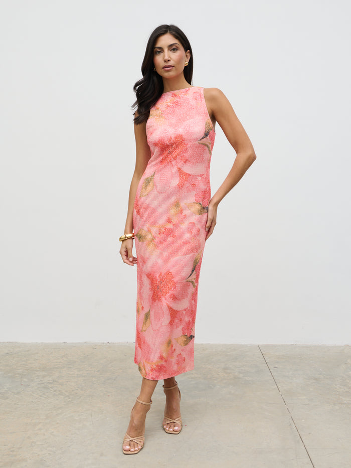 Lilou Printed Sequin Midaxi Dress (Orange Floral)