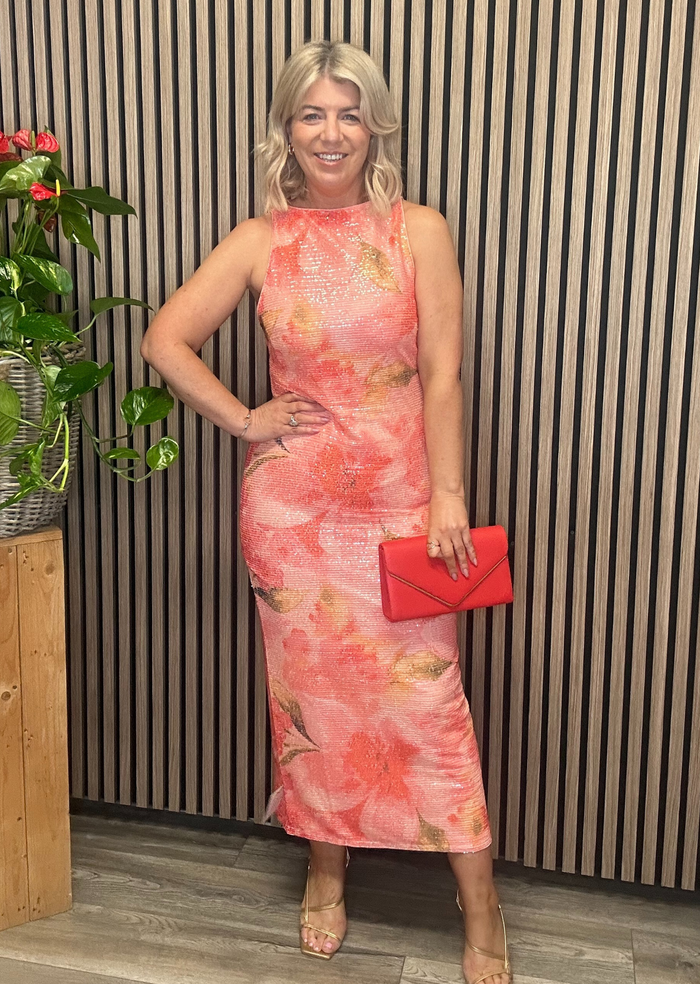 Lilou Printed Sequin Midaxi Dress (Orange Floral)