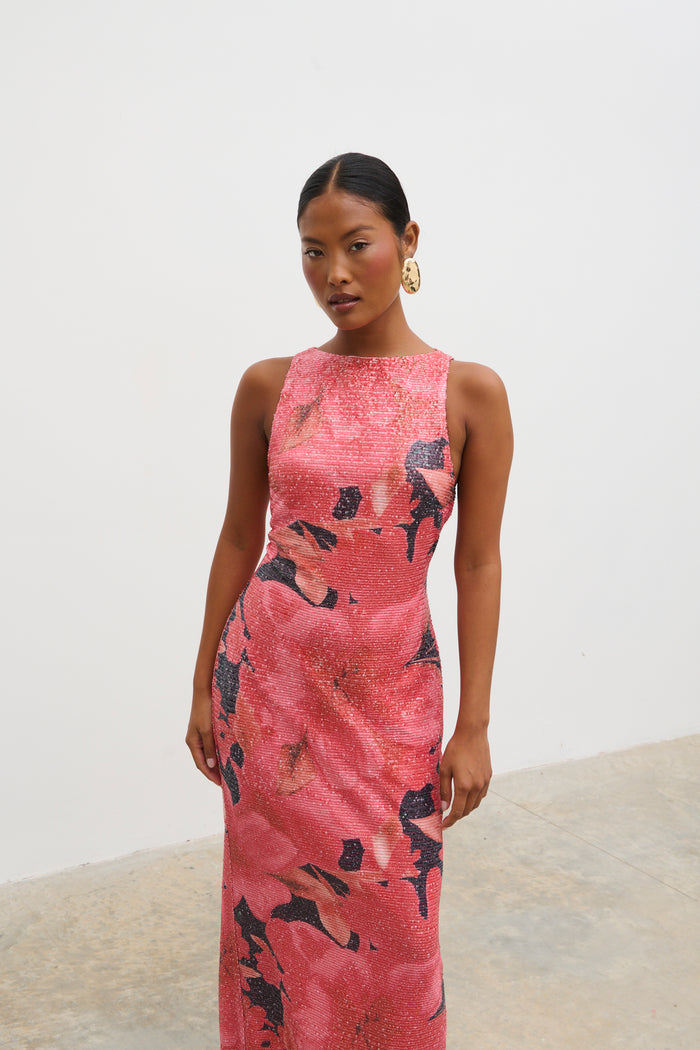 Lilou Printed Sequin Midaxi Dress (Red Multi Floral)