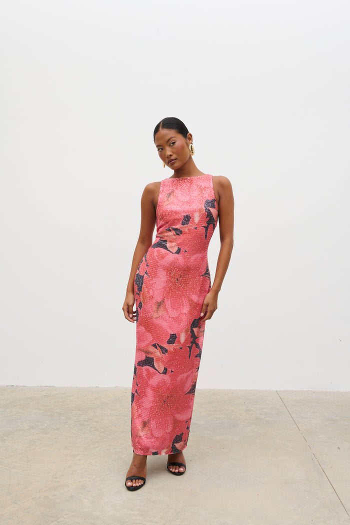 Lilou Printed Sequin Midaxi Dress (Red Multi Floral)