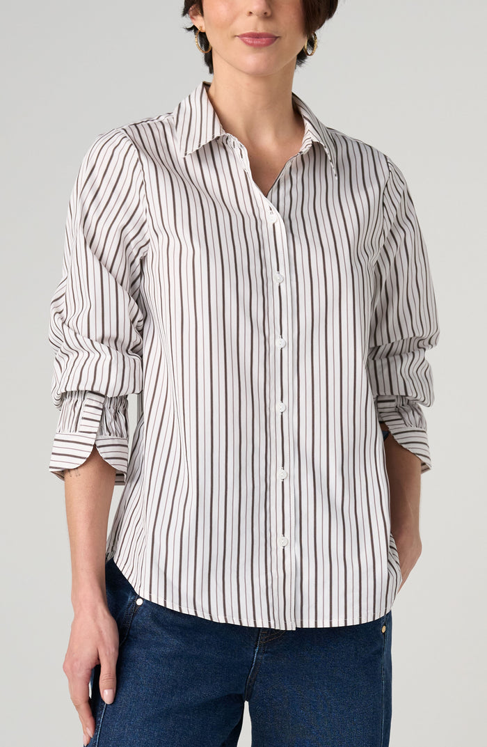 Liverpool Adjustable Sleeve Button Front Top in Brown Stripe