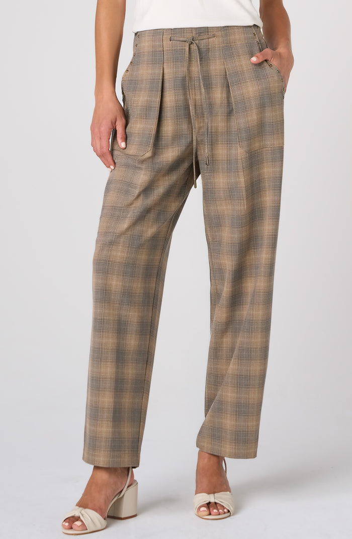 Liverpool High Rise Crop Drawstring Trouser in Oak Ombre Plaid