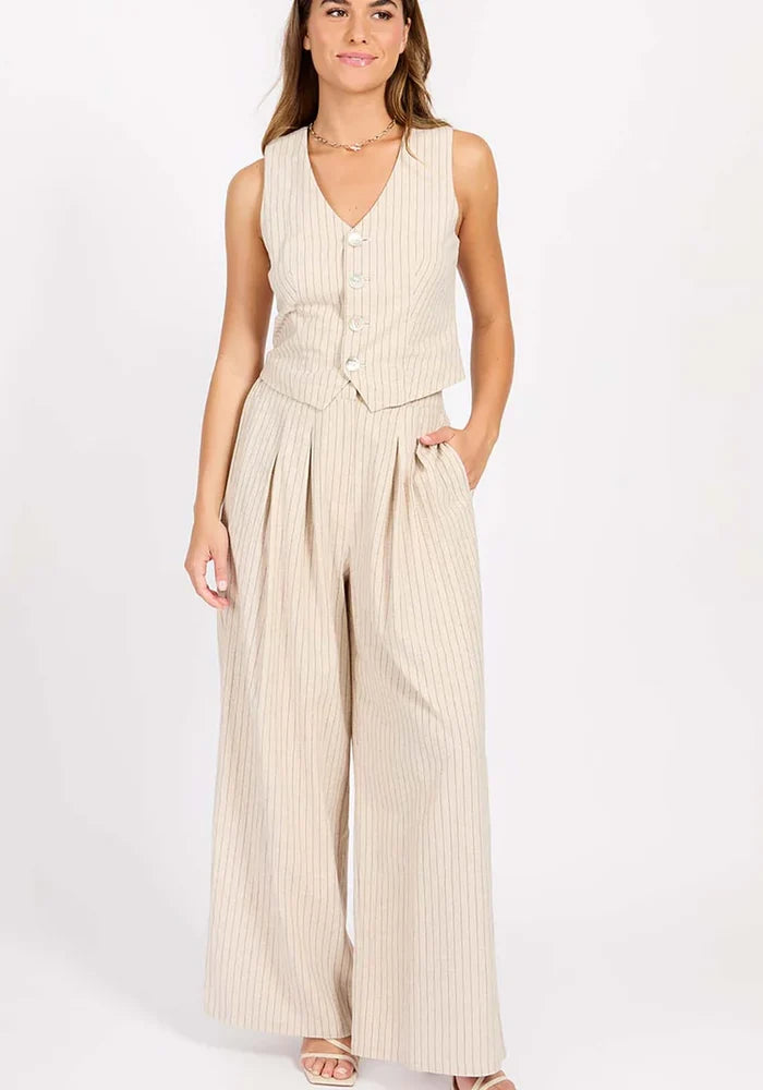 Logan Striped Linen Blend Waistcoat (Oatmeal/Black)