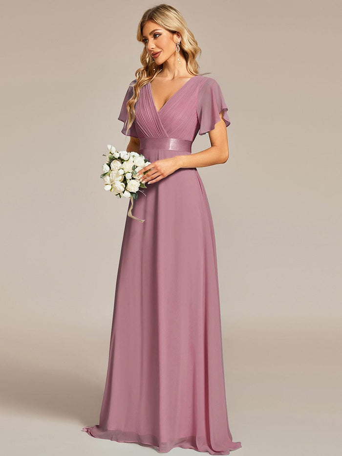 Long Empire Waist Bridesmaid Dress with Short Flutter Sleeves