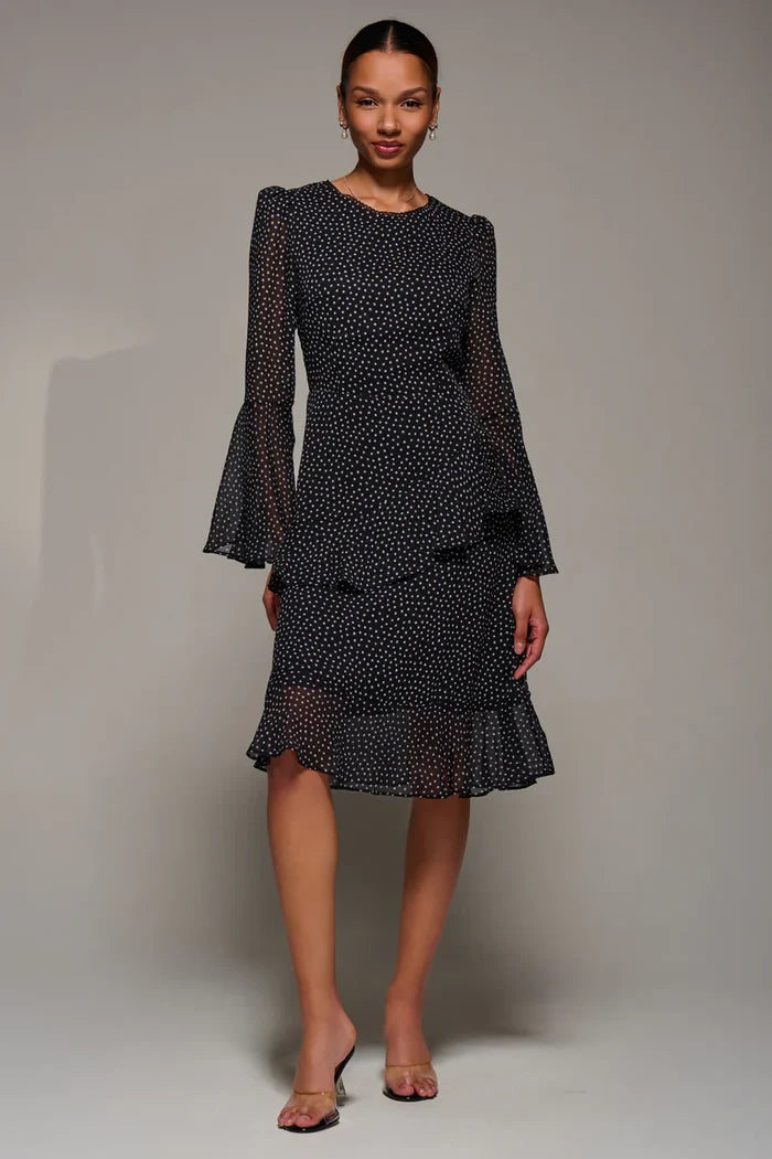 Long Sleeve Frill Chiffon Knee-Length Dress (Black Spot)