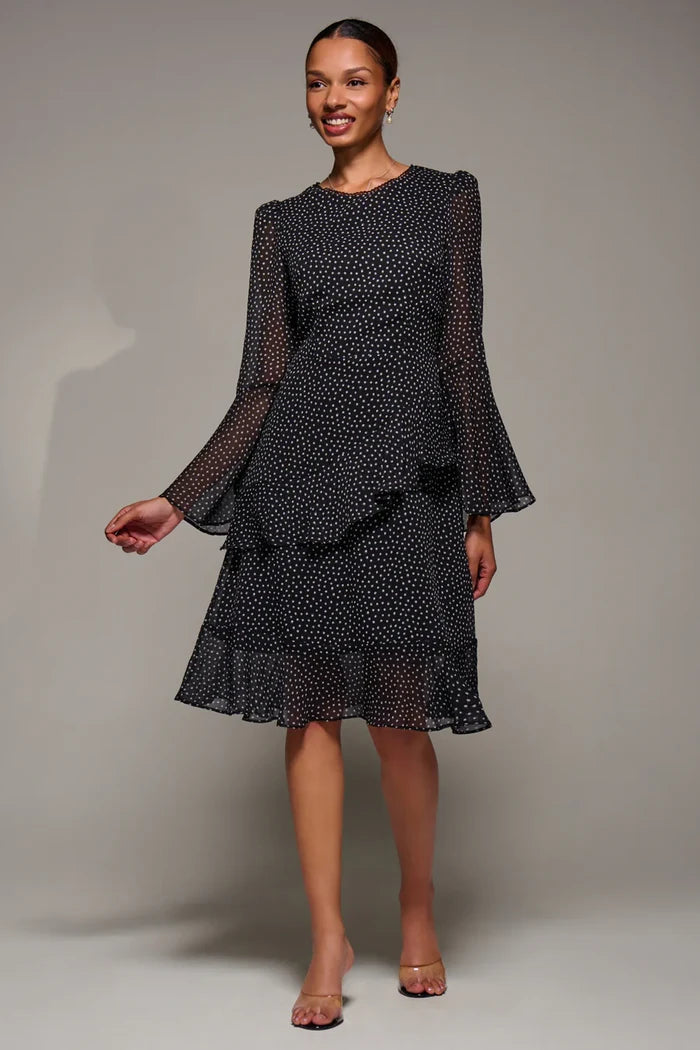 Long Sleeve Frill Chiffon Knee-Length Dress (Black Spot)