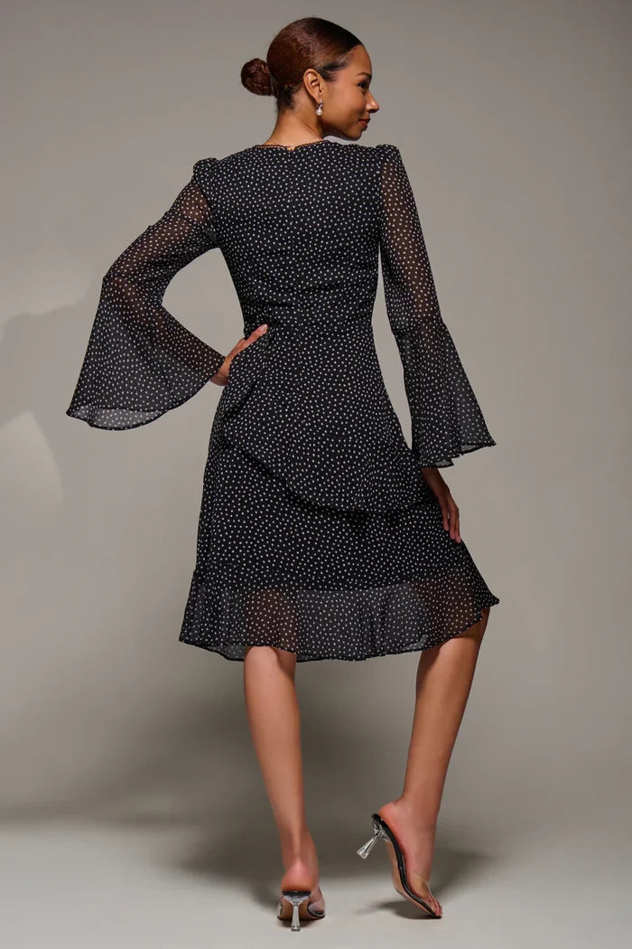 Long Sleeve Frill Chiffon Knee-Length Dress (Black Spot)