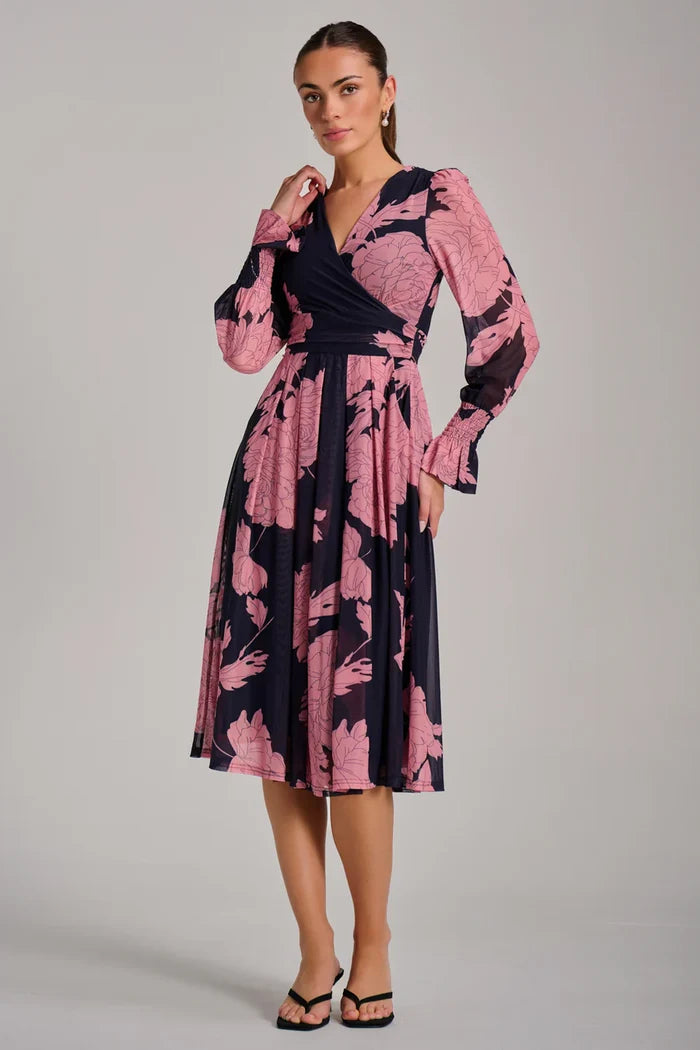 Long Sleeve Printed Mesh Midi Dress (Pink Floral)