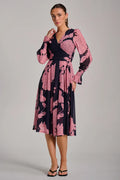 Long Sleeve Printed Mesh Midi Dress (Pink Floral)