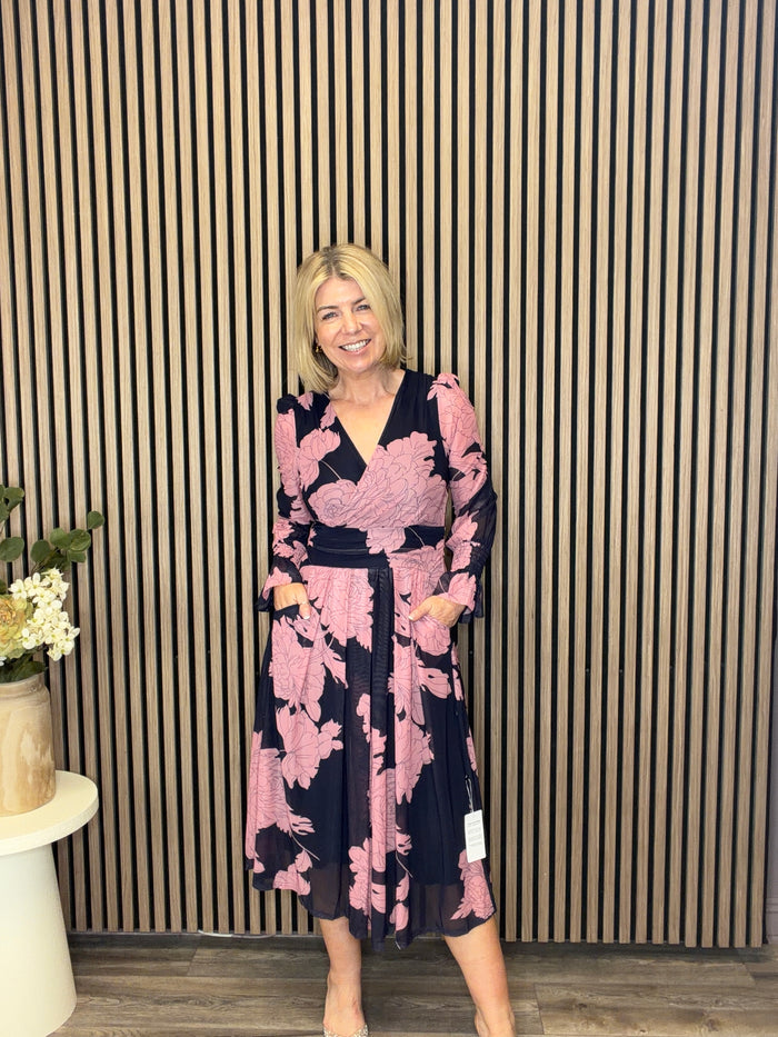 Long Sleeve Printed Mesh Midi Dress (Pink Floral)