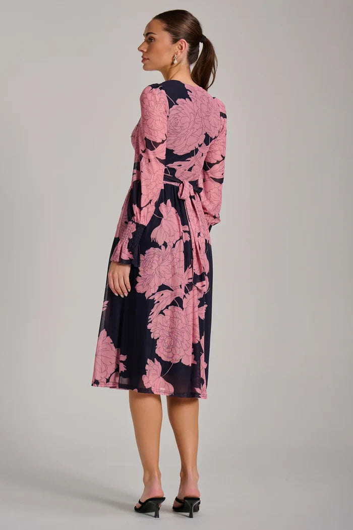Long Sleeve Printed Mesh Midi Dress (Pink Floral)