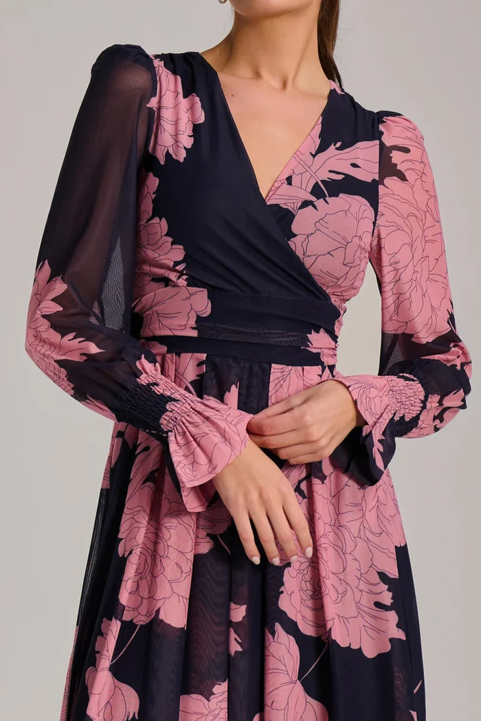 Long Sleeve Printed Mesh Midi Dress (Pink Floral)