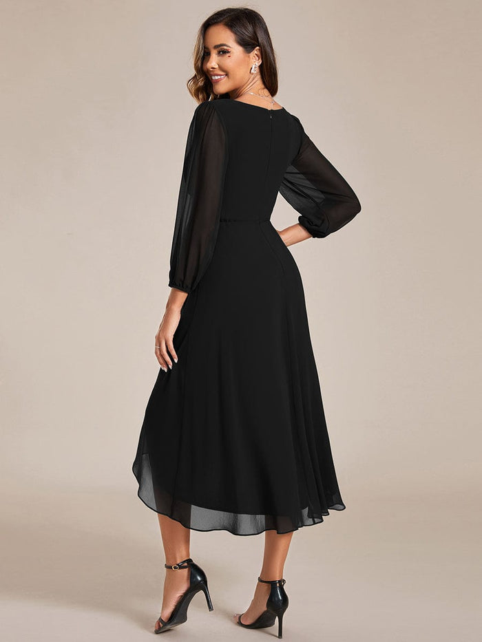 Long Sleeves Asymmetrical Hem A-Line Midi Wedding Guest Dress