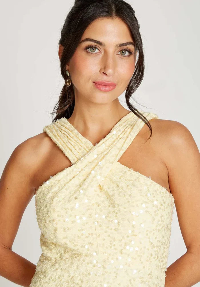 Louise Sequin Waffle Cross Neck Midi Dress (Lemon)