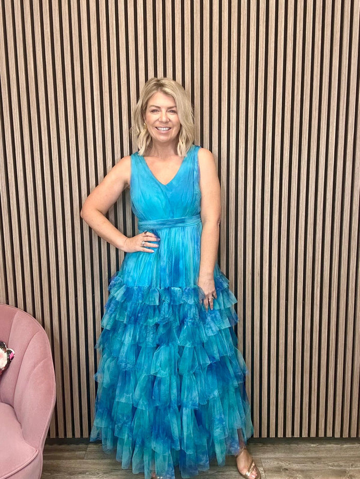 Madalena Tulle Maxi Dress (Aqua Print)