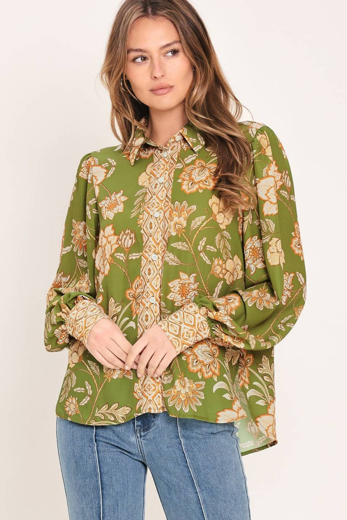 Made It Mine Olive Green Printed Top