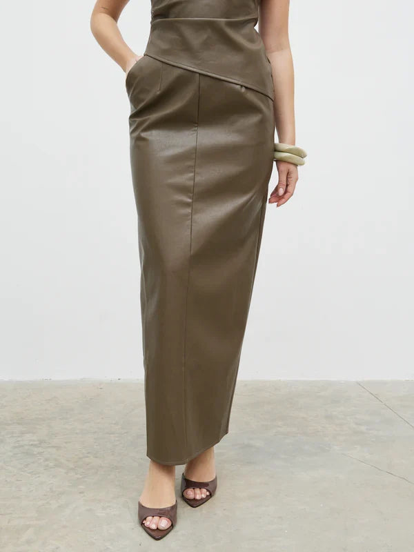 Maeve Faux Leather Maxi Skirt (Khaki)