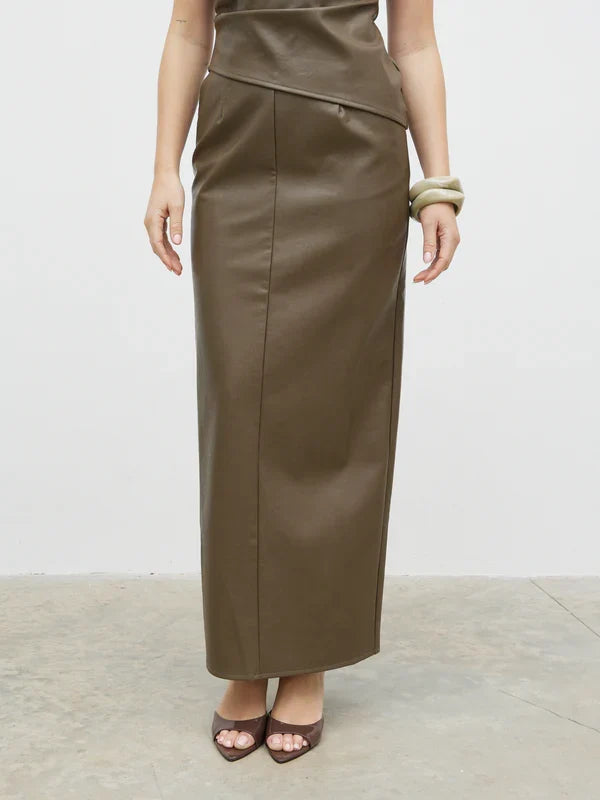 Maeve Faux Leather Maxi Skirt (Khaki)
