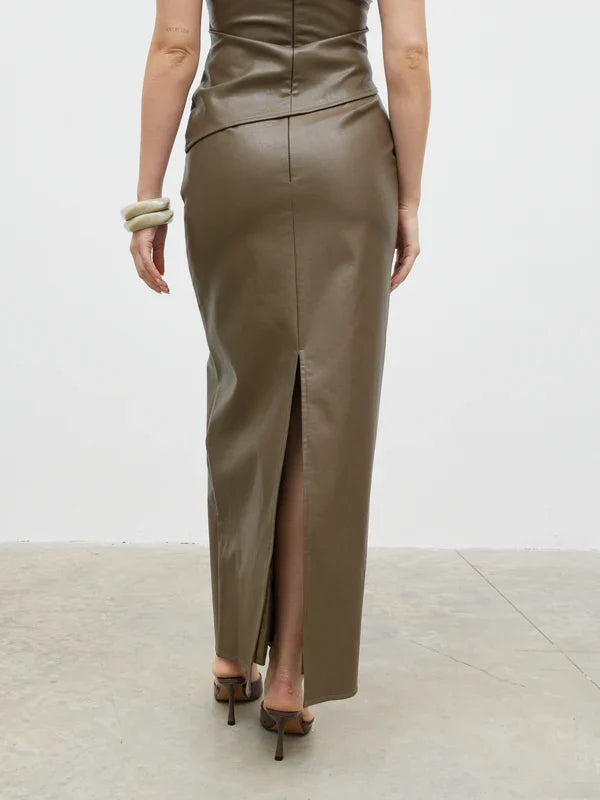 Maeve Faux Leather Maxi Skirt (Khaki)